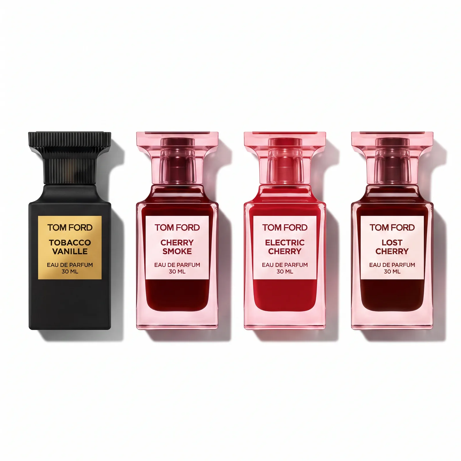 Cztery flakony Tom Ford 30 ml: Tobacco Vanille, Cherry Smoke, Electric Cherry, Lost Cherry